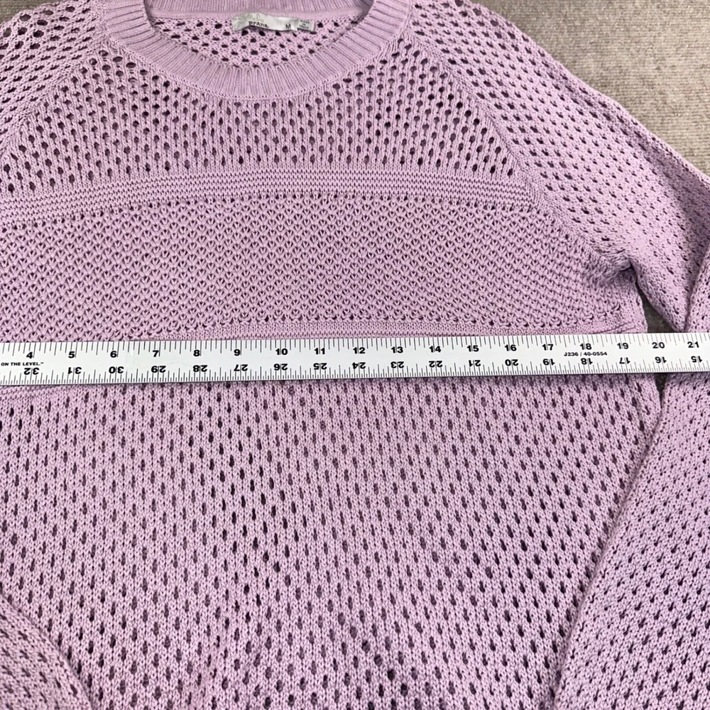 Prana Womens Open Knit Crochet Sweater Lavender Purple Crew Neck Pullover Medium